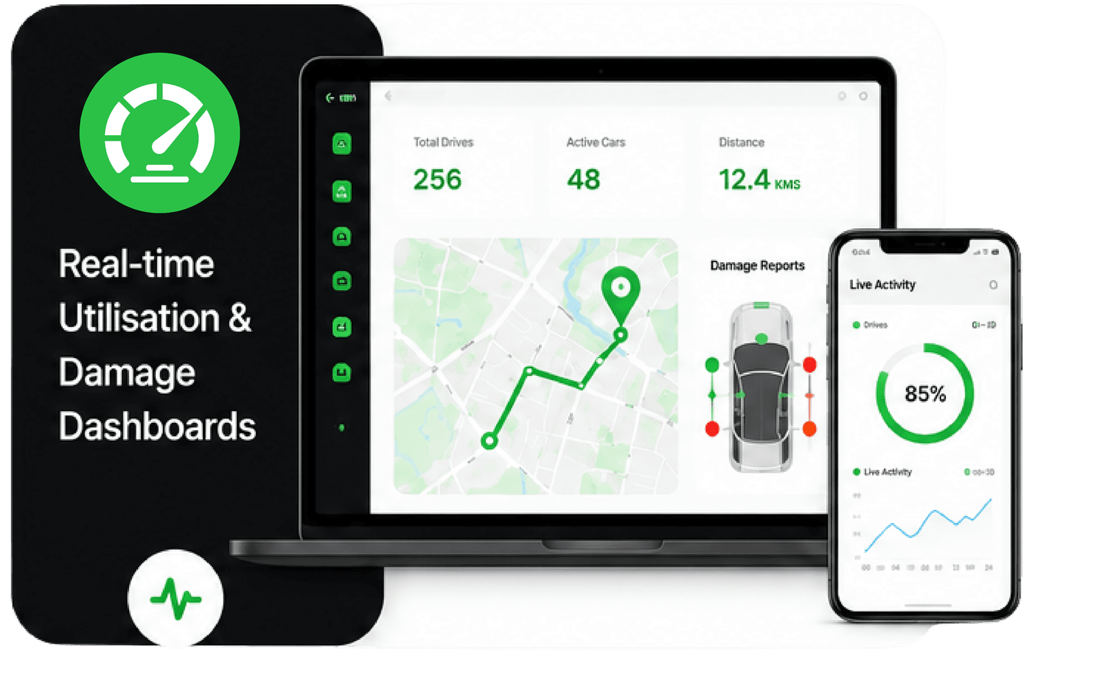 MDM real-time utilisation and damage dashboards — total drives, active cars and distance, a traced route map, damage reports and a live activity trend.
